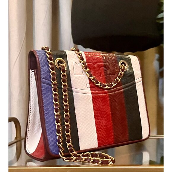RARE!! Tory Burch Multi-Color Striped Fleming Python Chain Strap Shoulder Bag - Picture 6 of 11